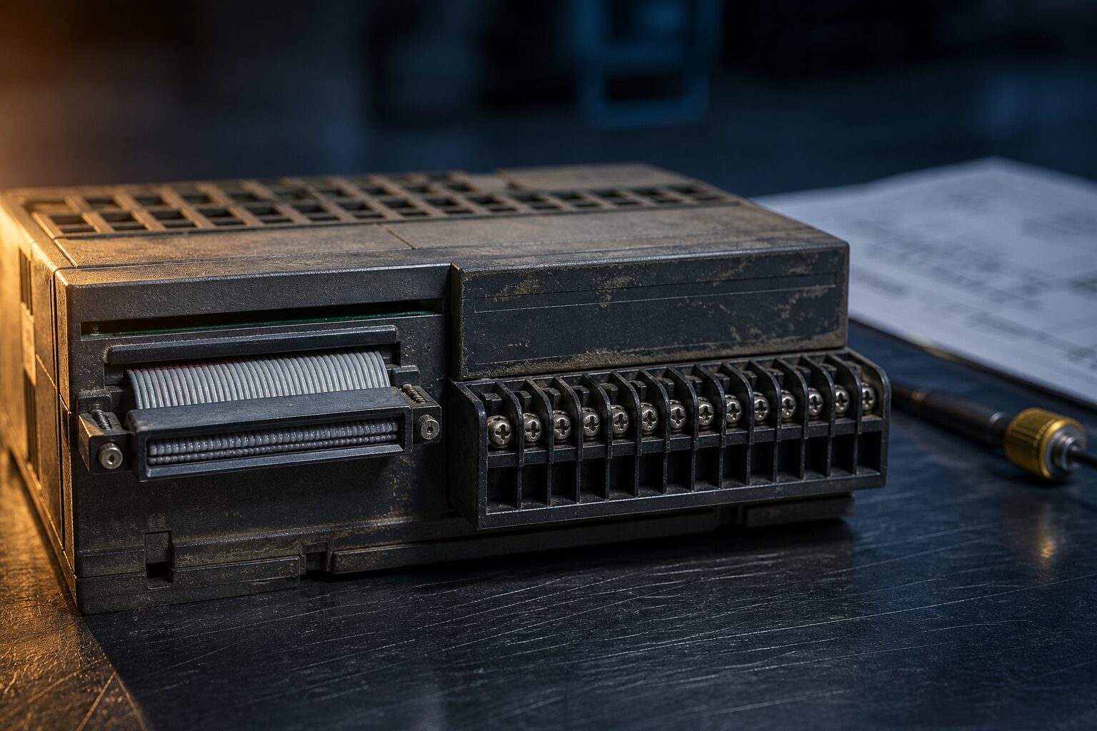 A discontinued industrial PLC control module on a workbench