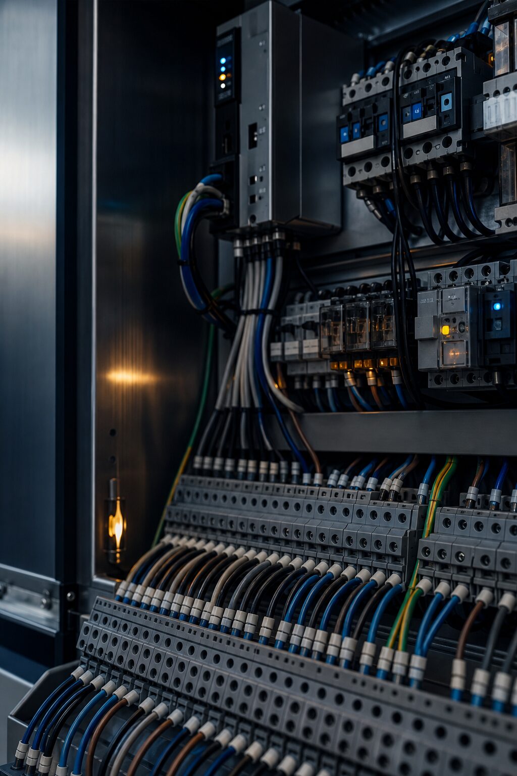 Densely wired industrial control panel interior